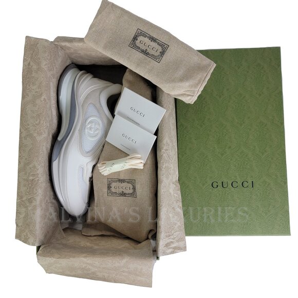 GUCCI SNEAKERS RUN WHITE SUEDE LEATHER INTERLOCKING G LOGO SHOES sz 40.5 10.5 - Picture 15 of 16